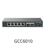 GCC6010 All-in-one convergence device: VPN Router, NGFW, Switch and IP PBX. 2x SFP, 5x GbE WAN/LAN, 4x PoE-Out, 2.5Gbps NAT routing, 160K NAT sessions, VPN 1Gbps, IDS/IPS 900Mbps, PBX up to 200 SIP users or 24 concurrent calls (default 12/4), cloud provisioning, local AP controller, 48V/1A PSU