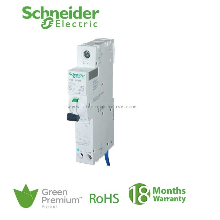 شنايدر - قاطع حماية من التسريب الأرضي - Acti9 iC60H, Earth Leakage, 1P + N, C Curve, 10A, 30mA, 240 V