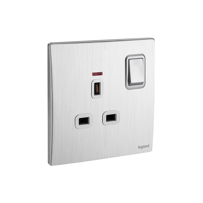 ليجراند - مخرج مأخذ مزدوج القطب Mallia Senses، BS، مفرد، 13A، 250V، مع LED، Brushed Aluminium