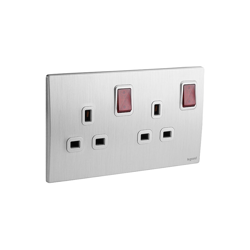 ليجراند - مخرج مأخذ مزدوج القطب Mallia Senses، BS، مجوز، 13A، 250V، مع LED، Brushed Aluminium