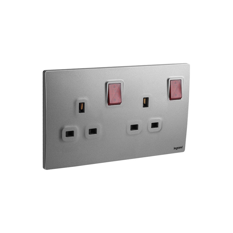 ليجراند - مخرج مأخذ مزدوج القطب Mallia Senses، BS، مجوز، 13A، 250V، مع LED، Dark Silver