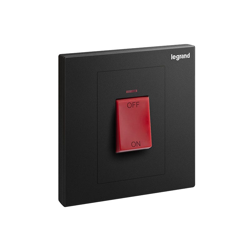 ليجراند - مفتاح مزدوج Galion، 1 موديول، 45A، 250V، مع مؤشر أحمر وقاطع أحمر، Matt Black