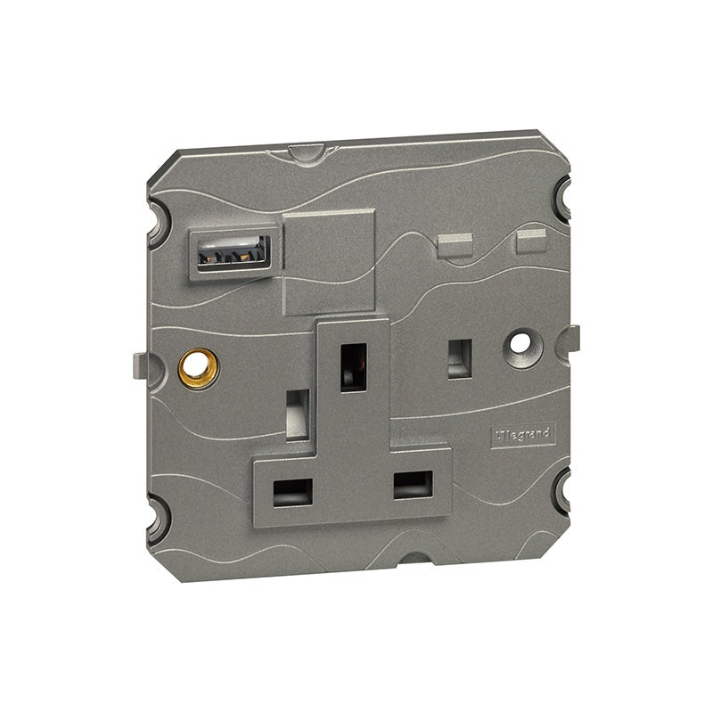 ليجراند - مقبس فردي Arteor، BS، 13A 250V، 2P+E غير مزود بالطاقة، مفرد، مع شاحن USB-A 15W، Magnesium