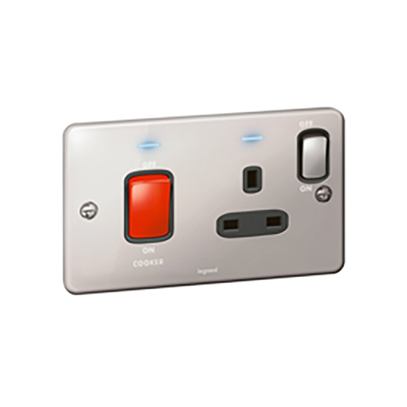 ليجراند - مفتاح مزدوج القطب Synergy Authentic، مجوز، 45A، 250V، مع مخرج مأخذ BS 13A، علامة للموقد، Polished Stainless Steel