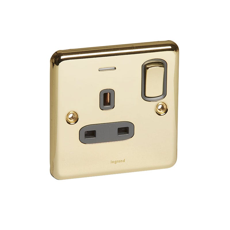 ليجراند - مقبس مزدوج Synergy Authentic، 1 موديول، مفتاح، 13A، 250V، مزود بمؤشر طاقة LED أزرق، Glossy Gold
