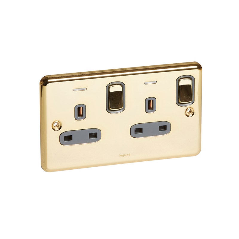 ليجراند - مقبس مزدوج Synergy Authentic، BS، 2 موديول، مفتاح، 13A، 250V، مزود بمؤشر طاقة LED أزرق، Glossy Gold