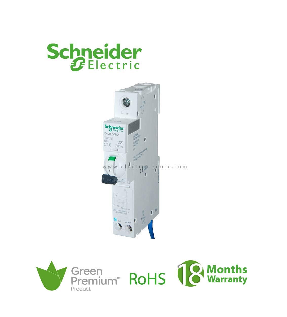 شنايدر - قاطع حماية من التسريب الأرضي - Acti9 iC60H, Earth Leakage, 1P + N, C Curve, 32A, 30mA, 240 V