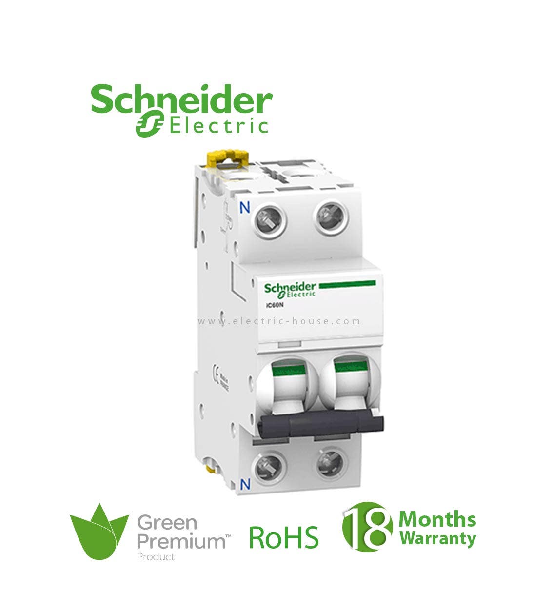شنايدر - قاطع فرعي 2 خط - 16 أمبير - Acti9 iC60N, 2P, 16A, C Curve